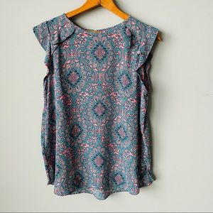 The Loft Pink & Teal Floral Ruffle Blouse Small